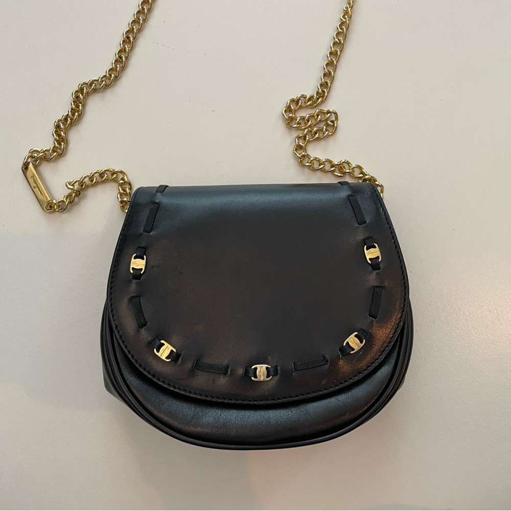 Ferragamo crossbody black mini bag with gold chain